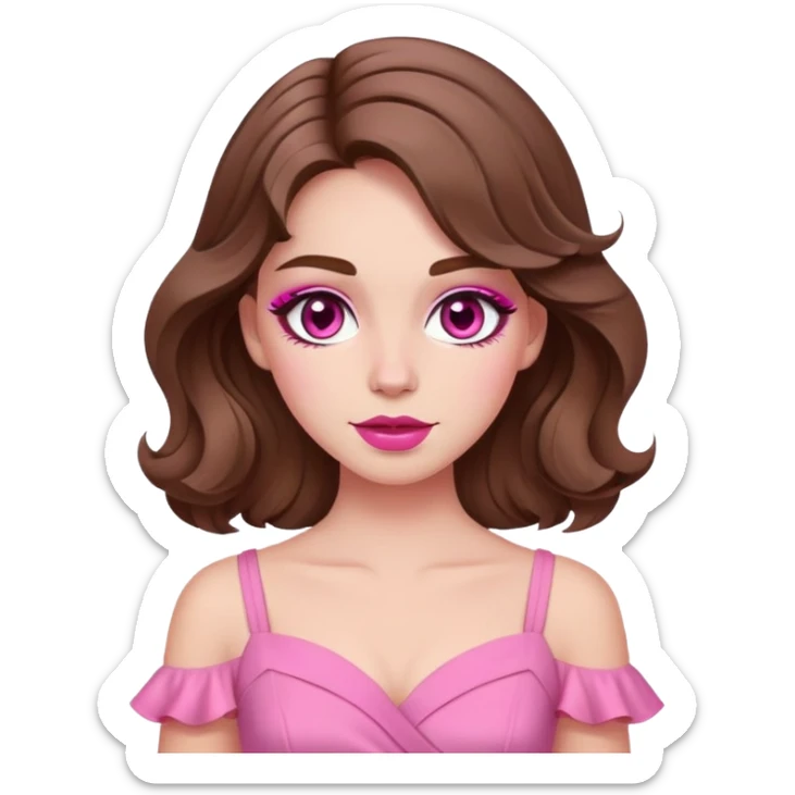 cô gái da trắng tóc nâu gợn sóng mặt V-line với make-up tone hồng mặc áo đầm màu hồng sticker