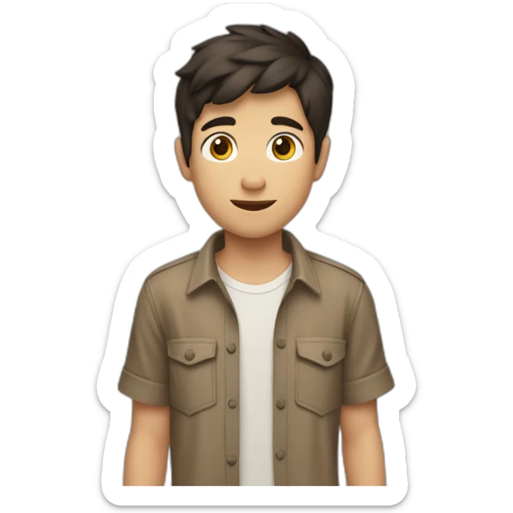 short dark hair white young boy in brown button up shirt with a tshirt under holding an arm in his hand sticker