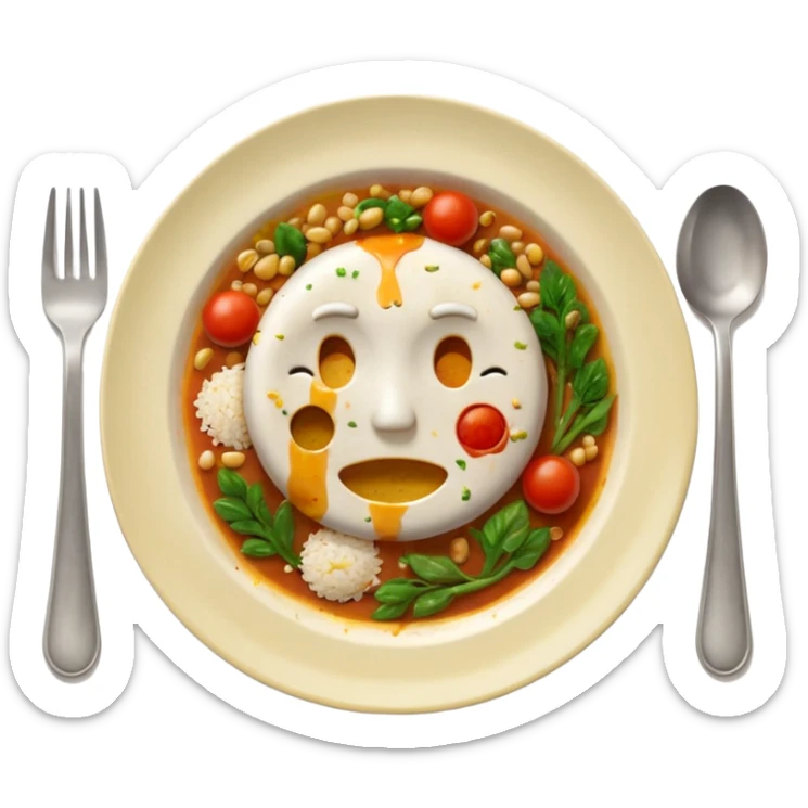 3D emoji of a dirty plate after eating, leftover food scraps, vegetable pieces, rice grains, sauce stains on the plate, fork and spoon placed beside the plate, no face, no character, no human features, realistic food leftovers, clean and simple background, soft lighting, high quality, emoji style sticker