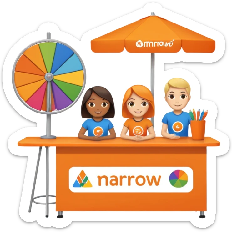 emoji of a recruitment booth. Two cartoon figures stand behind an orange table with 'MARROW, be a match' branding, a colorful spinning wheel, and a branded vertical banner. Simplified and cute. No fruit sticker
