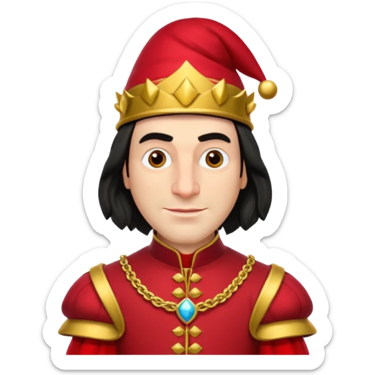 lord farquad avec un chapeau rouge plat sur le dessus, il a un vêtement rouge avec des manches bouffantes rouge et dorée sticker