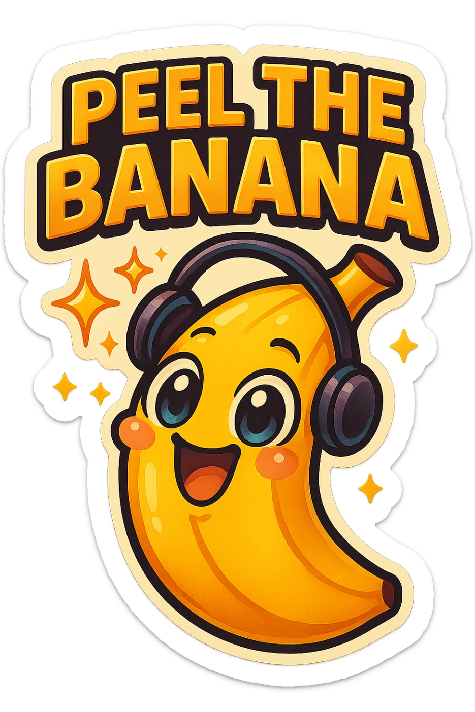 Funny cartoon banana, big happy smiling face, wearing tiny headphones, wide excited eyes, tiny sparkles around, text above: "NE BANANA", chibi style, Twitch emoji style, colorful, transparent background sticker