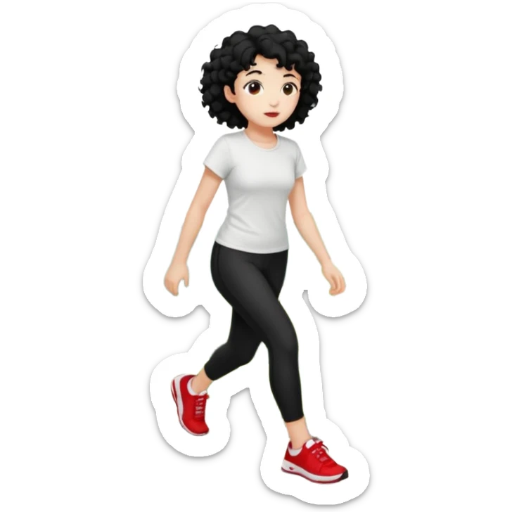 generate a pretty bratz fair skinned girl with curly black hair wearing a white tshirt trekking on a hill with red sneakers on and black leggings. Show HILLS around her sticker