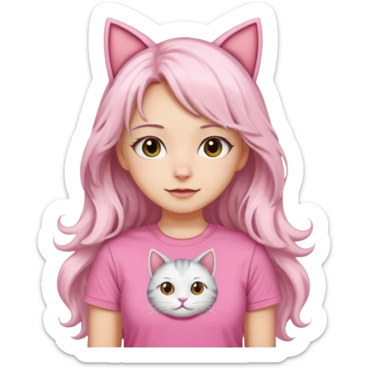 girl with long wavy white hair and cat ears wearing pink tshirt sticker