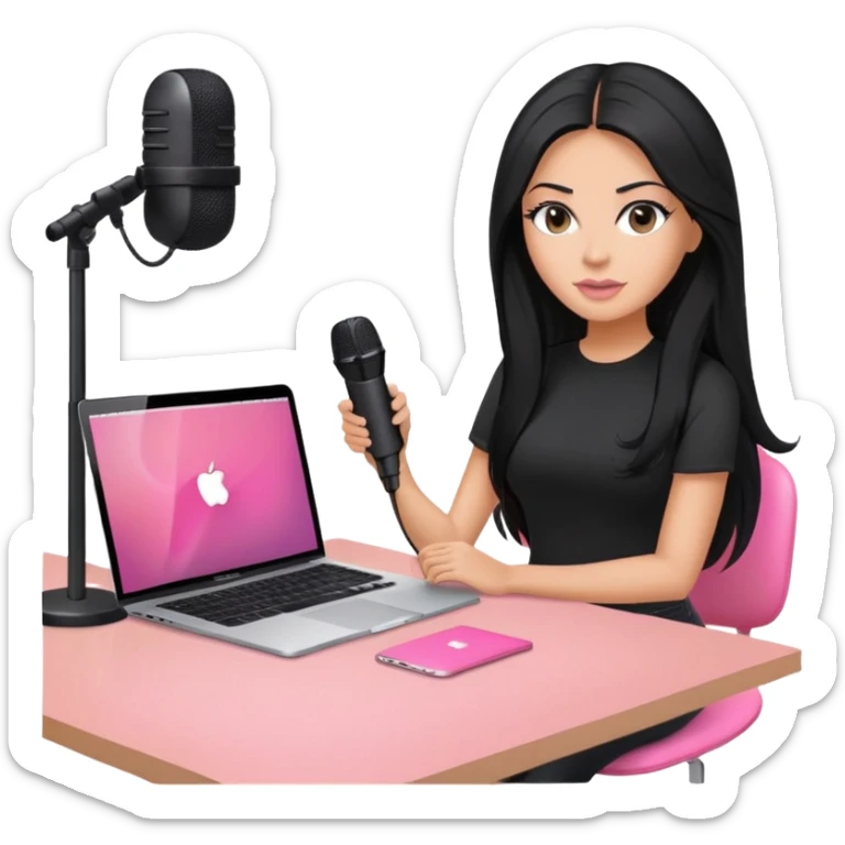 tanned long black hair woman, sat at desk with pink MacBook, podcast microphone black top and pink, sexy, glas table sticker