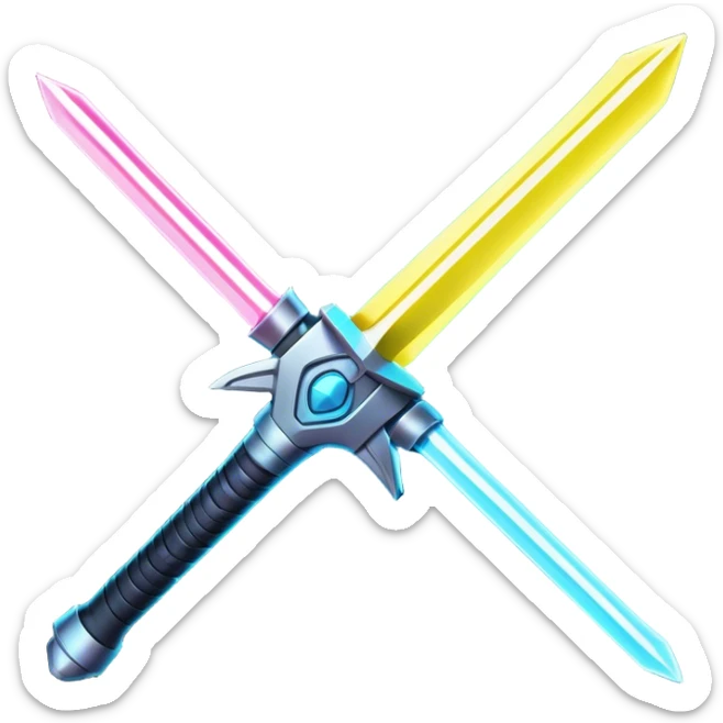 Clash of Clans aesthetic: Cinematic Playful Laser Sword Emoji, rendered in a 3D vector-style similar to standard emojis with minimal shading and bold, simplified shapes. A compact, vibrant energy blade with a neon-hued, glowing edge and futuristic hilt, softly glowing with a radiant cosmic charm. Simplified yet unmistakably iconic, highly detailed and consistent, glowing with a soft pulsating brilliance and high shine. Stylized with a touch of interstellar elegance and a soft glowing outline, capturing the essence of a legendary energy blade with a friendly, playful manner! sticker