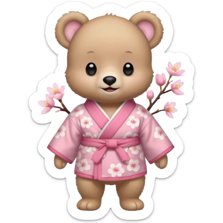 A cute baby bear character in pastel style, standing upright like a human. 
Light brown soft fur, large round ears, rounded paws and feet. 
Big cute black dot eyes, medium blush cheeks, and a tiny smiling mouth. 
Wearing a pink kimono with soft cherry blossom patterns on the sleeves and bottom,  sticker