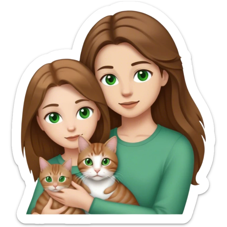 white couple with brown hair, woman has long hair and green eyes .they’re holding a tabby cat  sticker