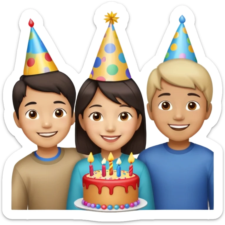 Asian American woman with two boys 3 and 6 years old celebrating birthday  sticker