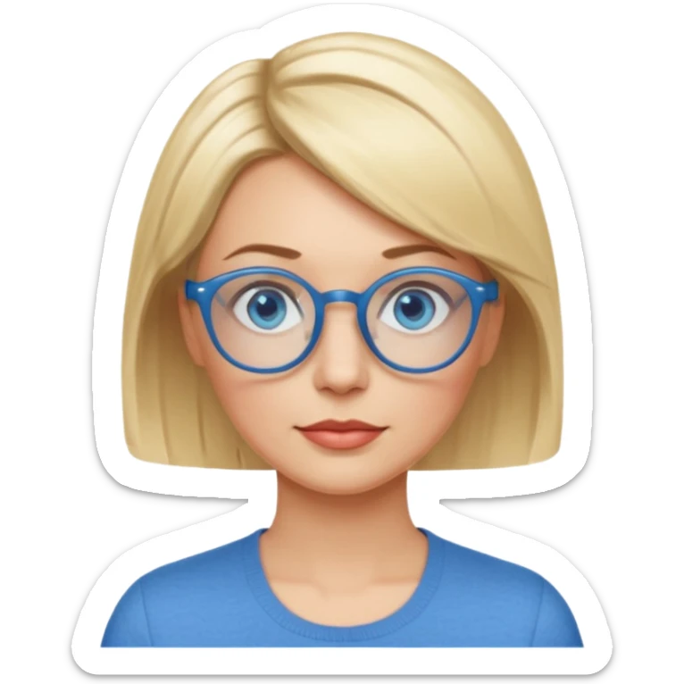 femme 40 ans cheveux très courts blond avec raie sur le coté, yeux bleu et lunettes rondes bleues sticker