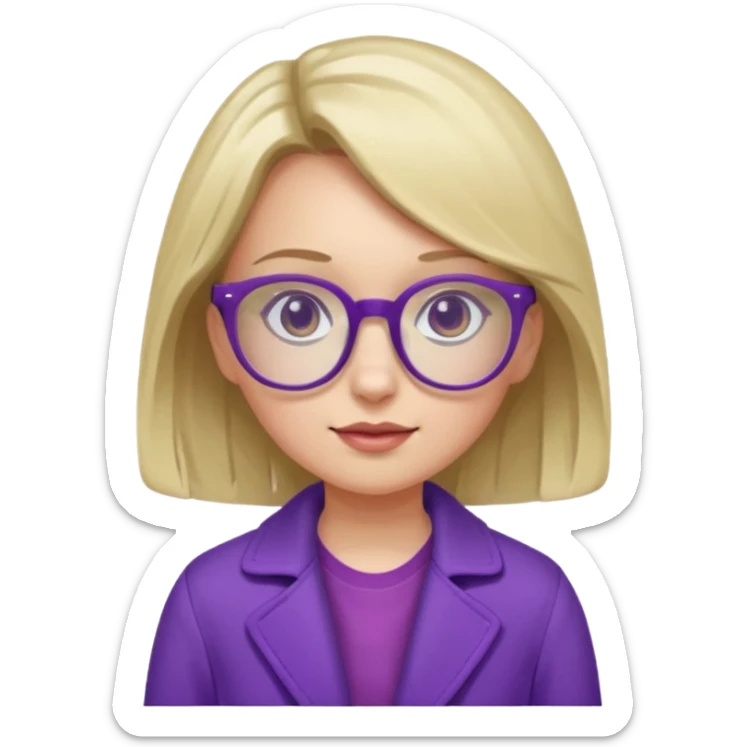 A girl wearing purple coat with shorts and glasses sticker