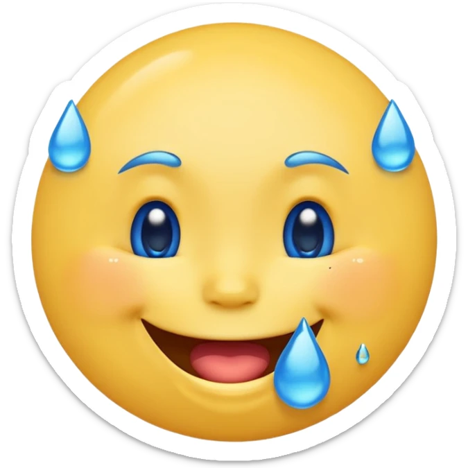 Emoji, yellow round laughing face, blue tears of joy on it. 2 big blue tears on each of the 2 cheeks sticker