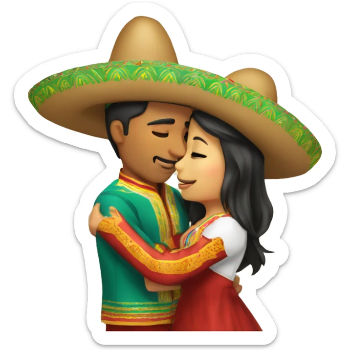 mexican man with sombrero kissing asian girl with traditional wear on sticker