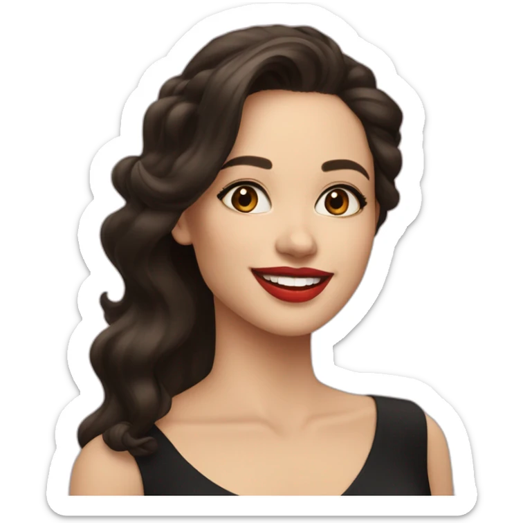 young-white-woman-with-dark-brown-eyes,-dark-long-hair,-red-lips,-big-smile,-black-dress sticker