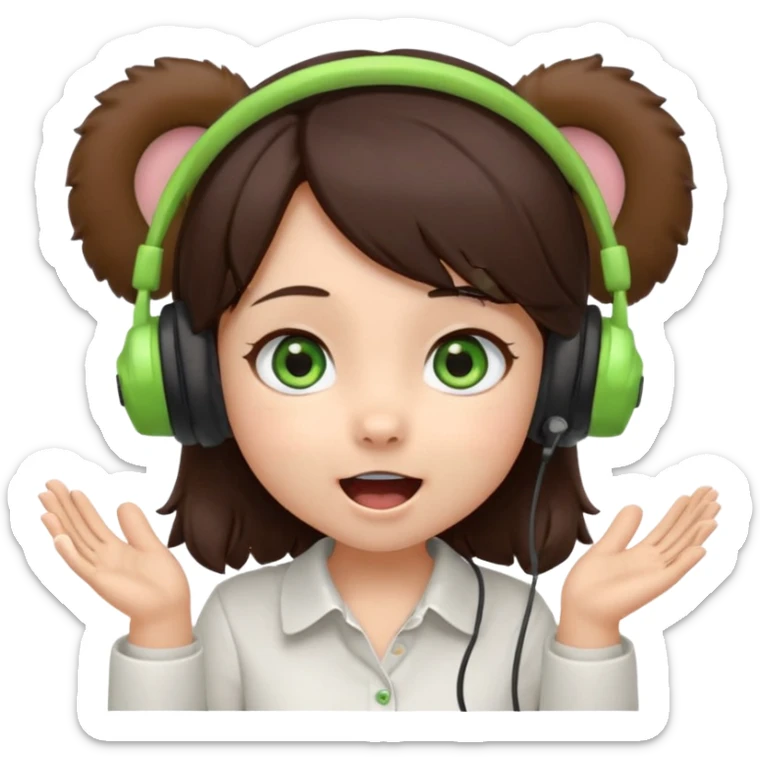 Chibi girl, dark brown hair, green eyes, wearing a white shirt and small brown bear ears on a headset, with wide happy surprised eyes and mouth and clapping excitedly sticker