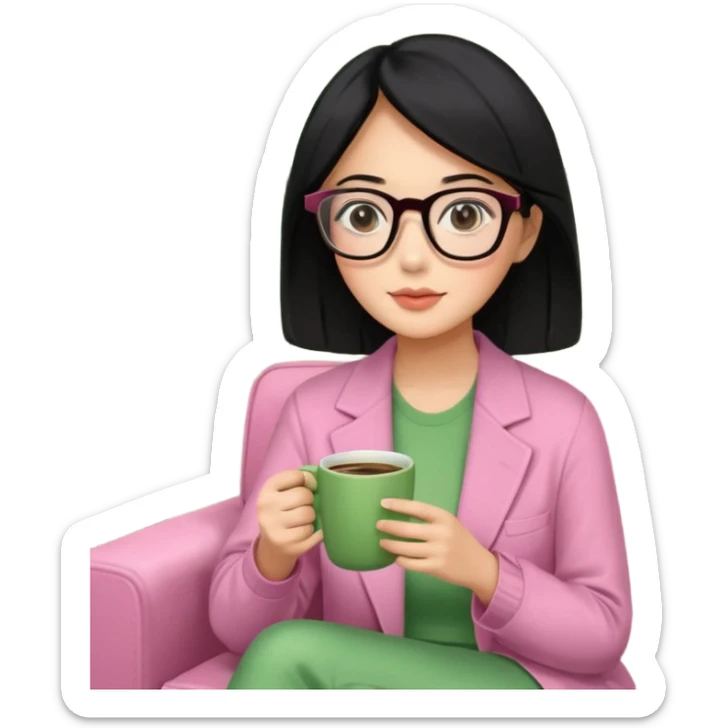 Chica de pelo negro ojos negros y piel morena con lentes oversize square GAFAS DE LEER BIEN GRANDES , ropa de color verde , sentada en una sala de casa , en la mano derecha una taza de cafe en color rosa con una flor negra de diseno. Sentada mirando un drama koreano en la television.  sticker