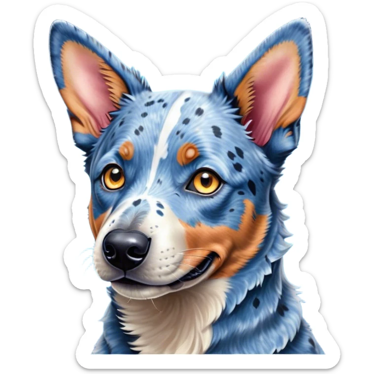 Cinematic Cute Blue Speckle Australian Cattle Dog Portrait Emoji, Head tilted playfully and inquisitively, featuring a vibrant blue speckle Fur with dynamic patterns, round, sparkling blue eyes filled with curiosity, Simplified yet irresistibly adorable features, highly detailed, glowing with a warm, friendly glow, high shine, affectionate and energetic, stylized with a touch of whimsy, bright and endearing, soft glowing outline, capturing the essence of a mischievous yet loving pup, so playful it feels like it could bound out of the screen and into your arms! sticker