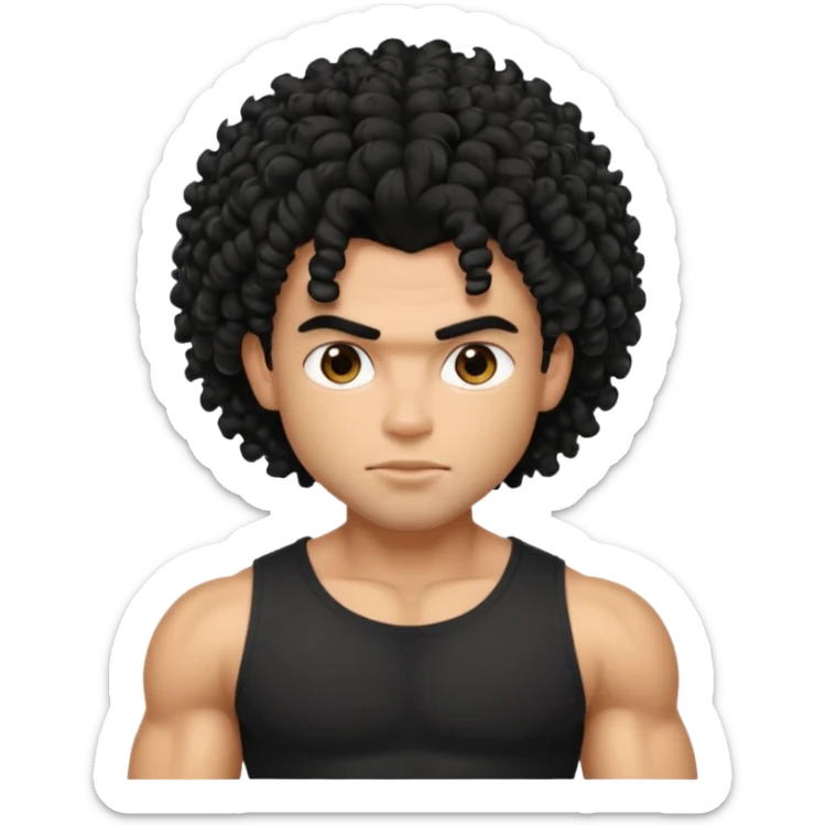 a pretty bratz guy with curly black hair with big muscles and shaggy hair in a tight black tee sticker