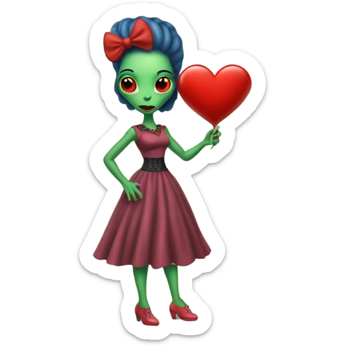 a Reptilian alien woman full body, in rockabilly dress holding big red heart sticker