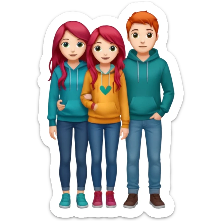 full-length happy couple, girl with long teal hair and brown eyes in colorful sweater, boy with red hair in jeans and hoodie sticker