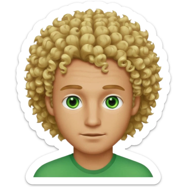 Hot, fluffy curly blond hair, green eyes, tanned skin, squear sculpted head, arched broen brows,guy sticker