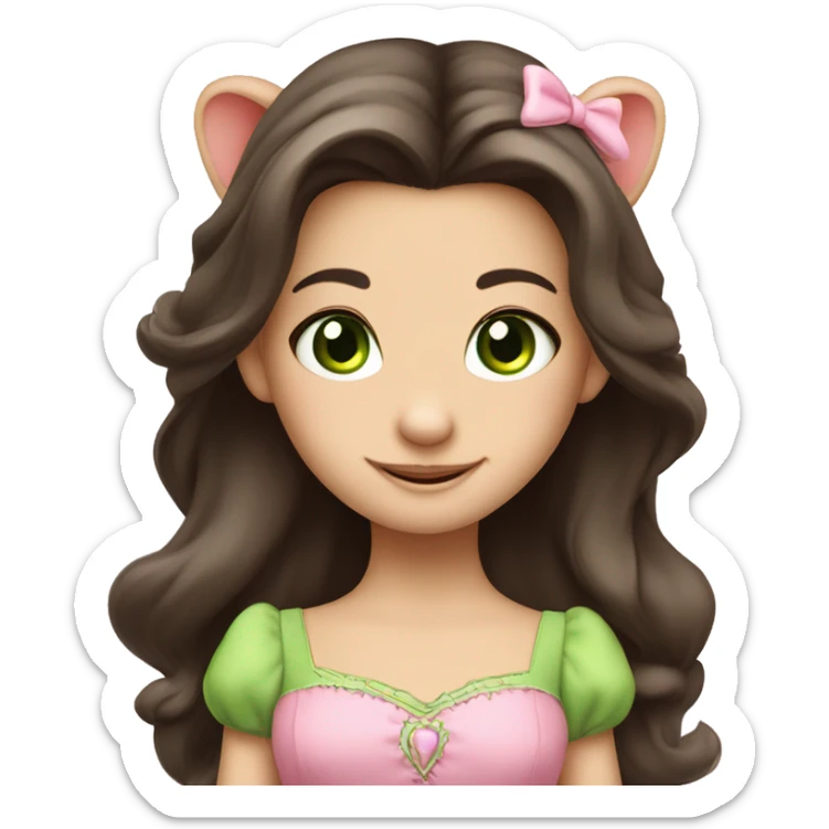 A cute mouse princess with dark brown long hair, green eyes, cute pink dress, happy sticker