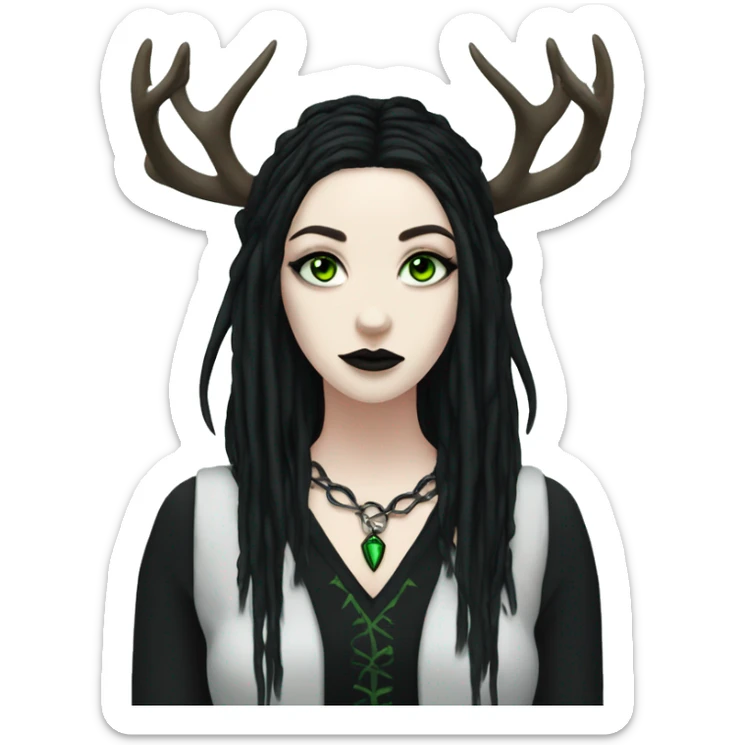 Goth woman, pale skin, green eyes, black dreadlocks, eyeliner, deer antlers  sticker