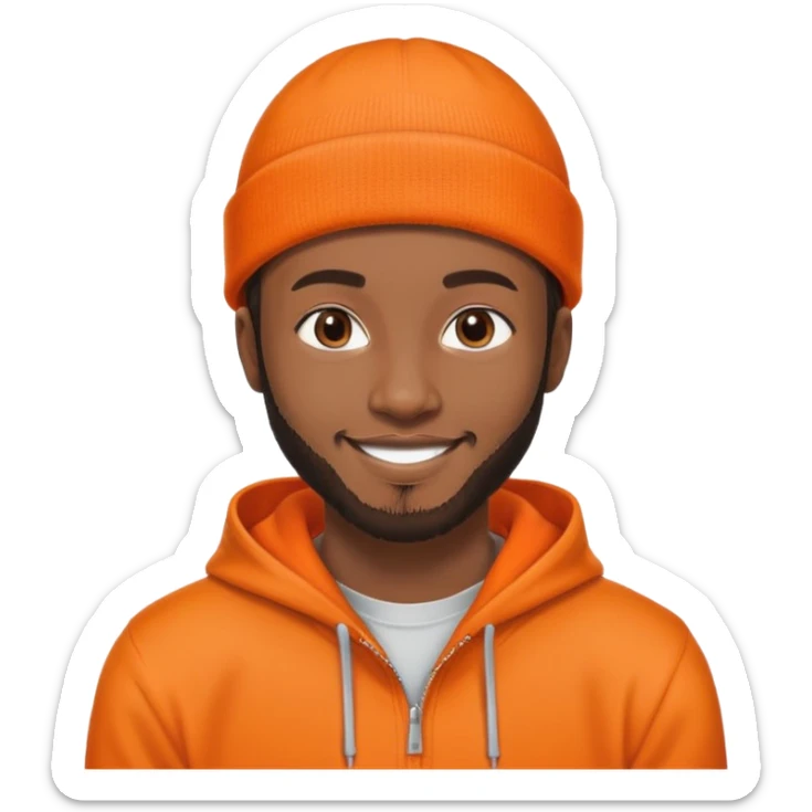 African yound man in his late 20s with a beanie and a bright smile with a short boxed beard, and a low cut hair, orange hoody sticker