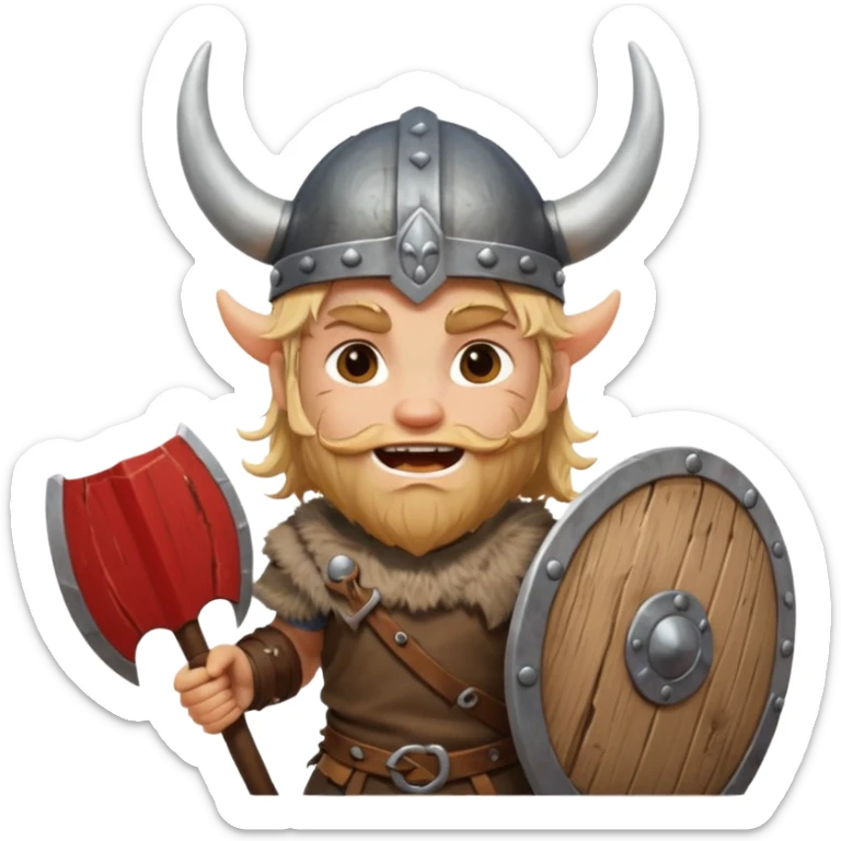 A young Viking warrior with messy hair painted cheeks, wooden shield, and fierce excited grin with horned helmet sticker