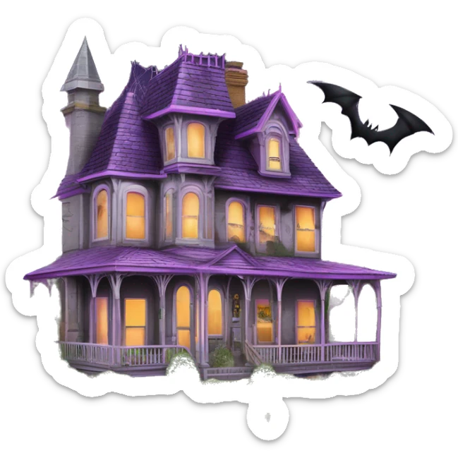 Barbie’s and Batman’s 6 story tall very haunted dream house with complete wrap-around porch, tall thorn bushes,and ghosts,guests, and spider webs everywhere and some broken windows and boards. The grass in the yard is dead.  sticker