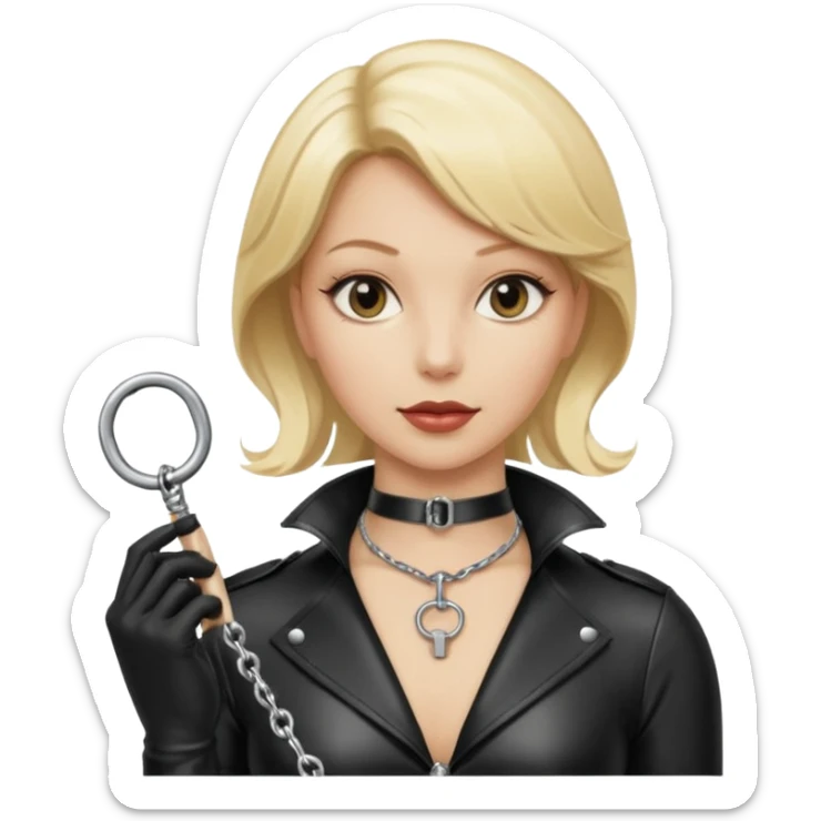 Dominatrix with blonde hair, latex outfit, old fashioned key necklace, and a whip sticker