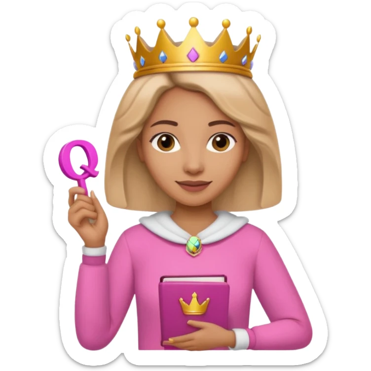 Crear una reina morena clara con ropa rosa sosteniendo la palabra Queen en sus manos sticker