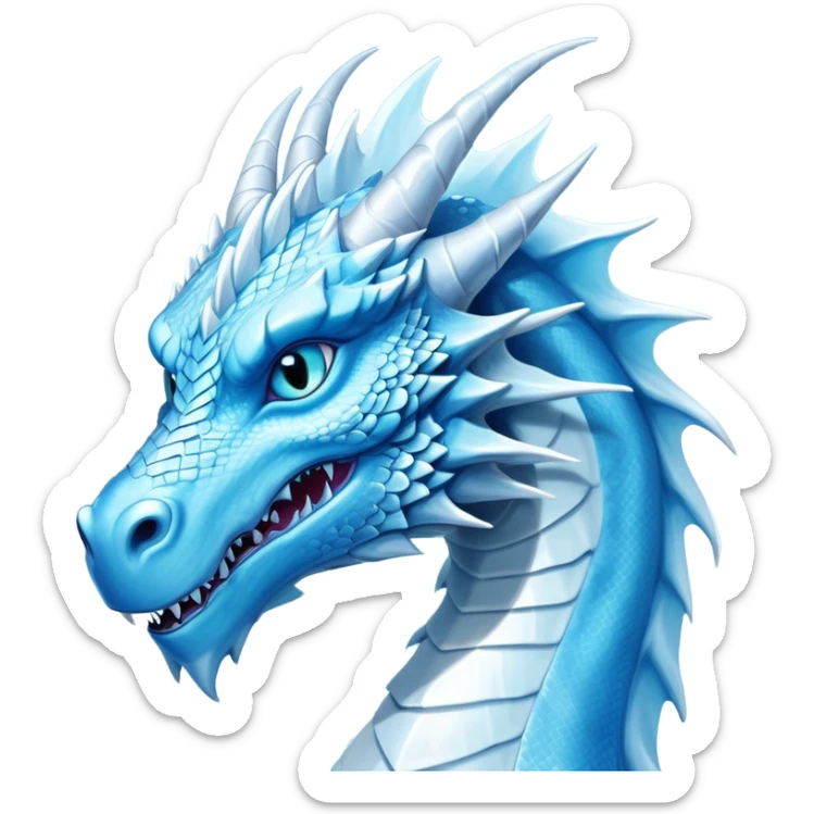 Cinematic Noble wise elegant Ice Dragon Portrait Emoji, Poised and imposing, distinct long elegant snout, with a slender, scaled body shimmering in glacial hues of icy blue, frostbitten silver, and crystalline white, breathing out frost, with piercing, glowing ice blue white eyes that radiate the chilling depths of an arctic storm; rendered in detail. excuding wisdom sticker