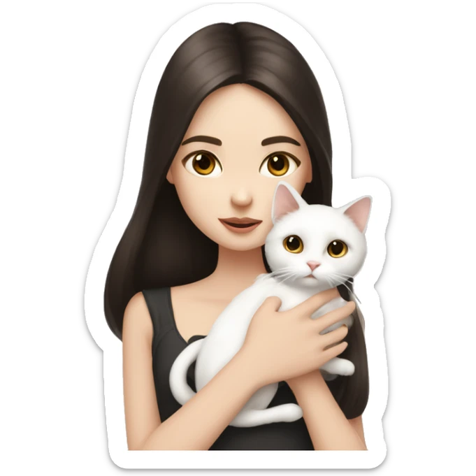 A pale girl with dark brown hair and dark brown eyes holds and kisses a white cat in her hands  sticker
