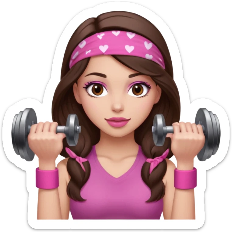 Pink and clothes emoji, inspired with brunette hair, brown eyes, long hair, heart shape lips and pink make up  and pink nails, mauve pink blush and a chocolate brown bandana lifting dumbbells sticker