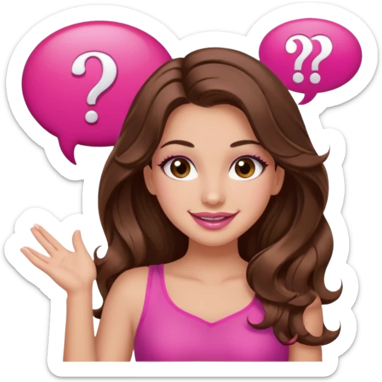 girl with long wavy brown hair, brown eyes, long lashes makeup, sexy pink lips, light to medium complexion, wearing a pink sexy top, shugging, smiling, question mark one speech bubble sticker