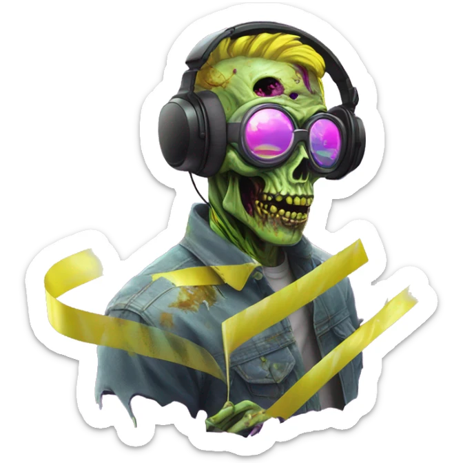 .Zombie_ Vaporwave black holographic oilslick zombie unicorn yellow caution tape holding a vinyl dj graffiti sticker