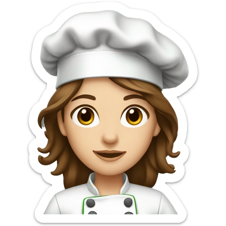 Female chef with long brown hair and hazel eyes wearing a dark green chef’s coat  sticker