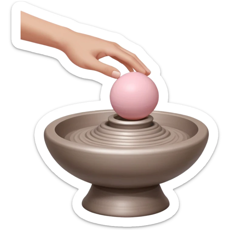 hand hovering over a centered pink ball of clay on a silver pottery wheel, not touching it yet, sensing position before contact sticker