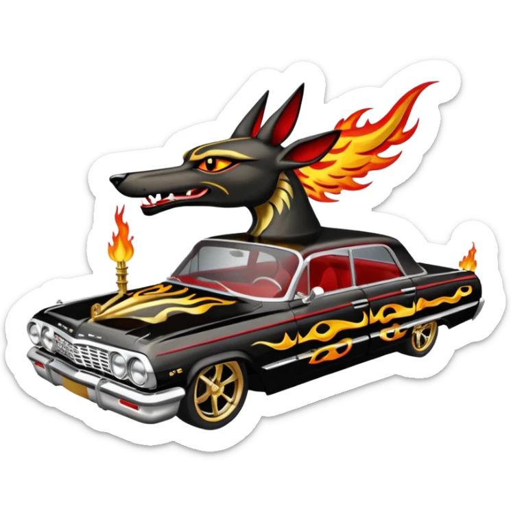 Satans Hot rod custom 1964 impala low rider four door Anubis theme painted hood flaming side-pipes sticker