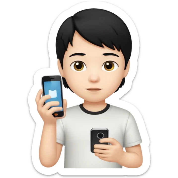 un niño de entre 3 - 10 años jugando con su celular (pelo negro y polo blanco) sticker