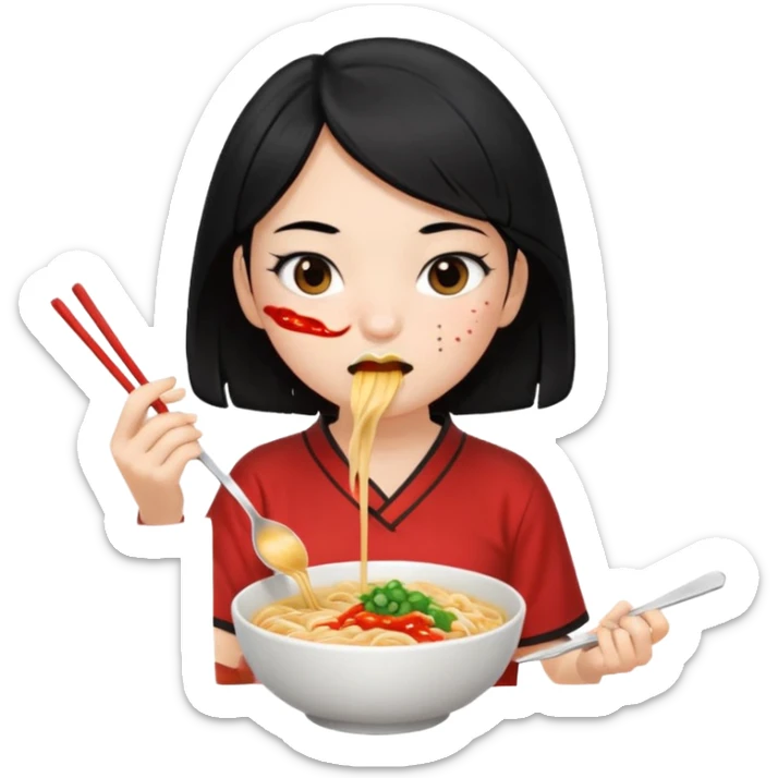 girl with black hair in short sleeves eating noodles with a spoon and chopsticks sticker