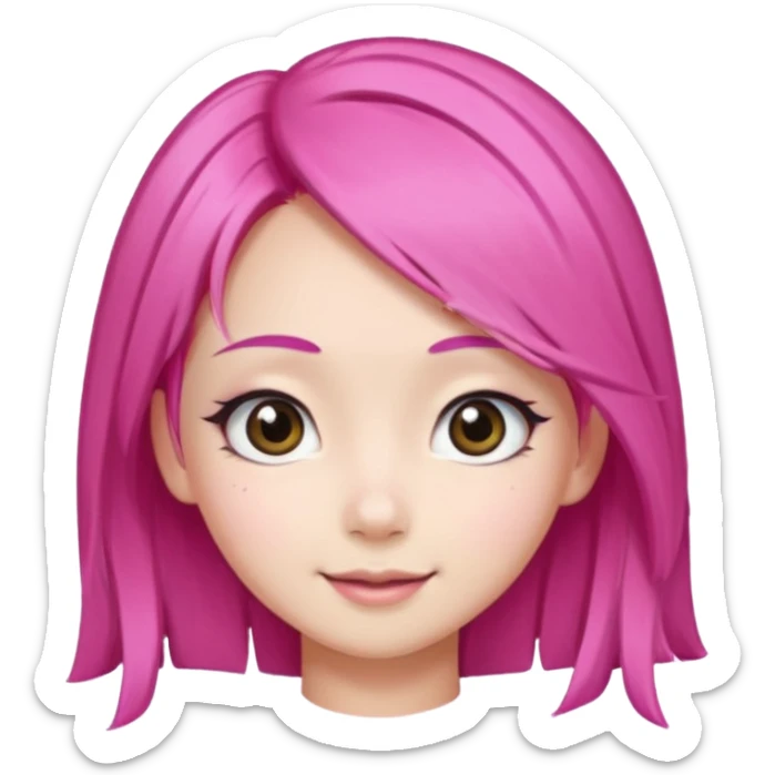 An Asian girl with pink hair, big eyes, thick eyebrows, and long eyelashes; only her head... sticker