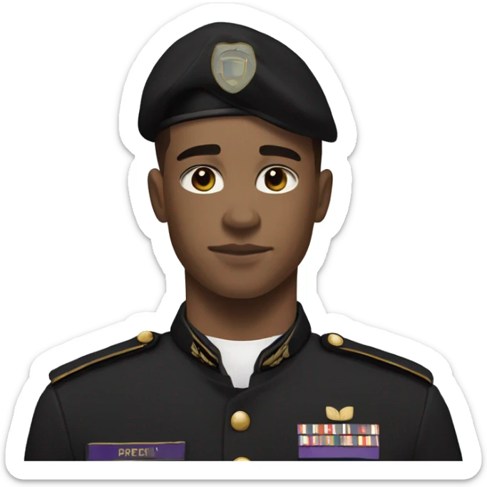 Young White Man , 19 years old, in black military uniform, with purple insignia. On the left of the uniform it says KDS sticker