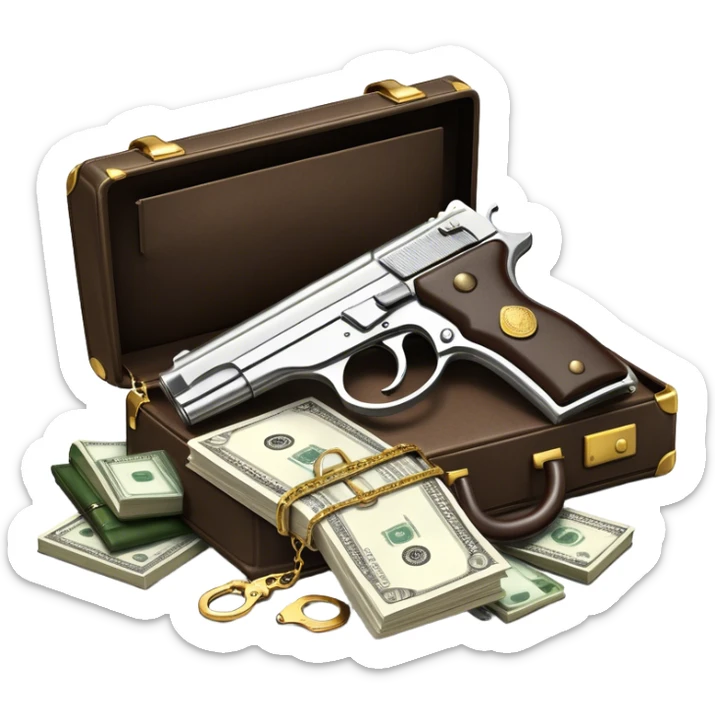 Icon for Action & Crime Reading: an open book with a silhouette of a gun, a bag of money, and a police badge on the pages. Surrounding elements include a pair of handcuffs, a briefcase, and scattered bullet casings. Transparent background. sticker