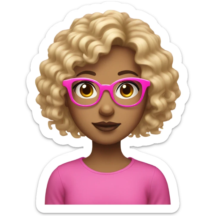 Blond girl with curly hair, curly bangs, wearing pink glasses, slanted eyes, eyelashes sticker