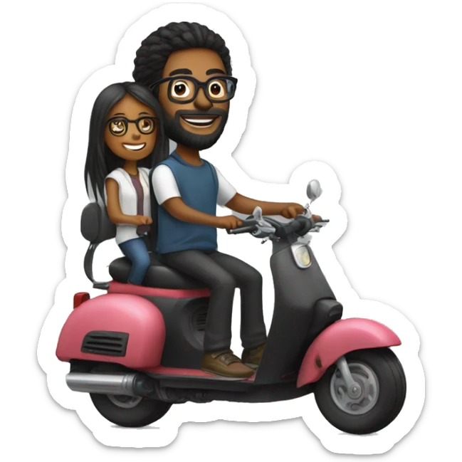 Boy with long hair, beard, and glasses, riding a black scooter with a girl wearing glasses on the back sticker