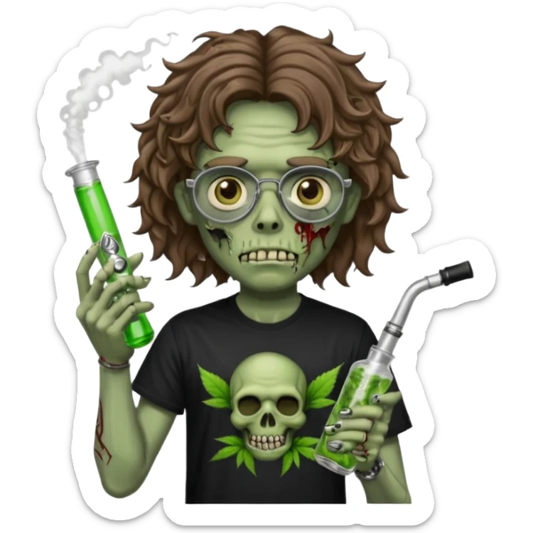 brown wavy haired zombie getting stoned with weed t shirt and bong on his hand and wearing black chrome hearts bifocals sticker