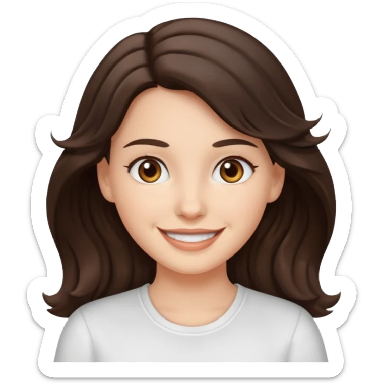 A White girl with wavy and dark hair, light brown eyes and a white shirt smiling sticker
