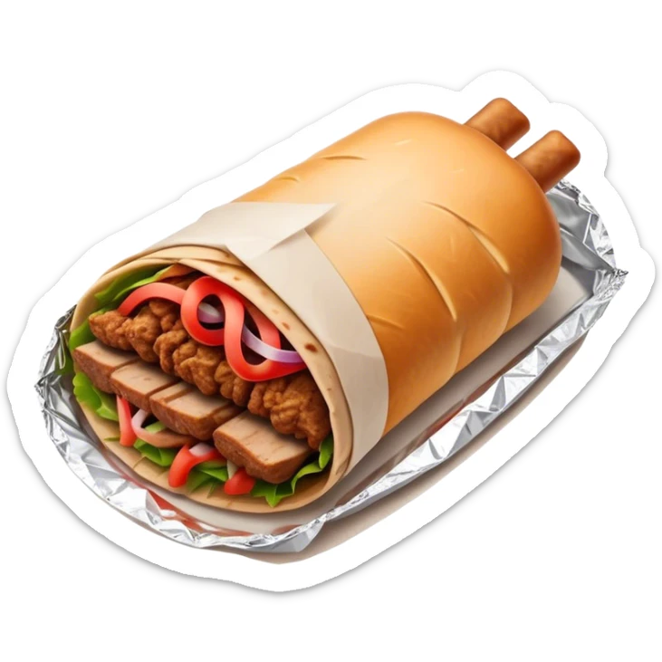 Doner Kebab Cinematic Realistic Doner Kebab Dish Emoji, depicted as iconic, spiced meat wrapped in foil and paper, rendered with lifelike textures and dynamic, appetizing lighting. sticker